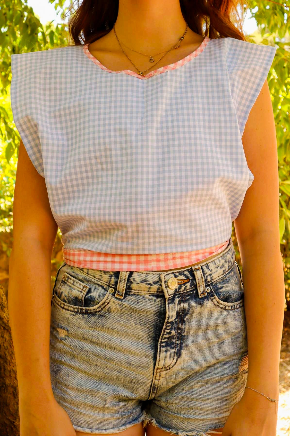 Top Tablier "Frenchie" - Vichy bleu et rose pastel - L'immortelle